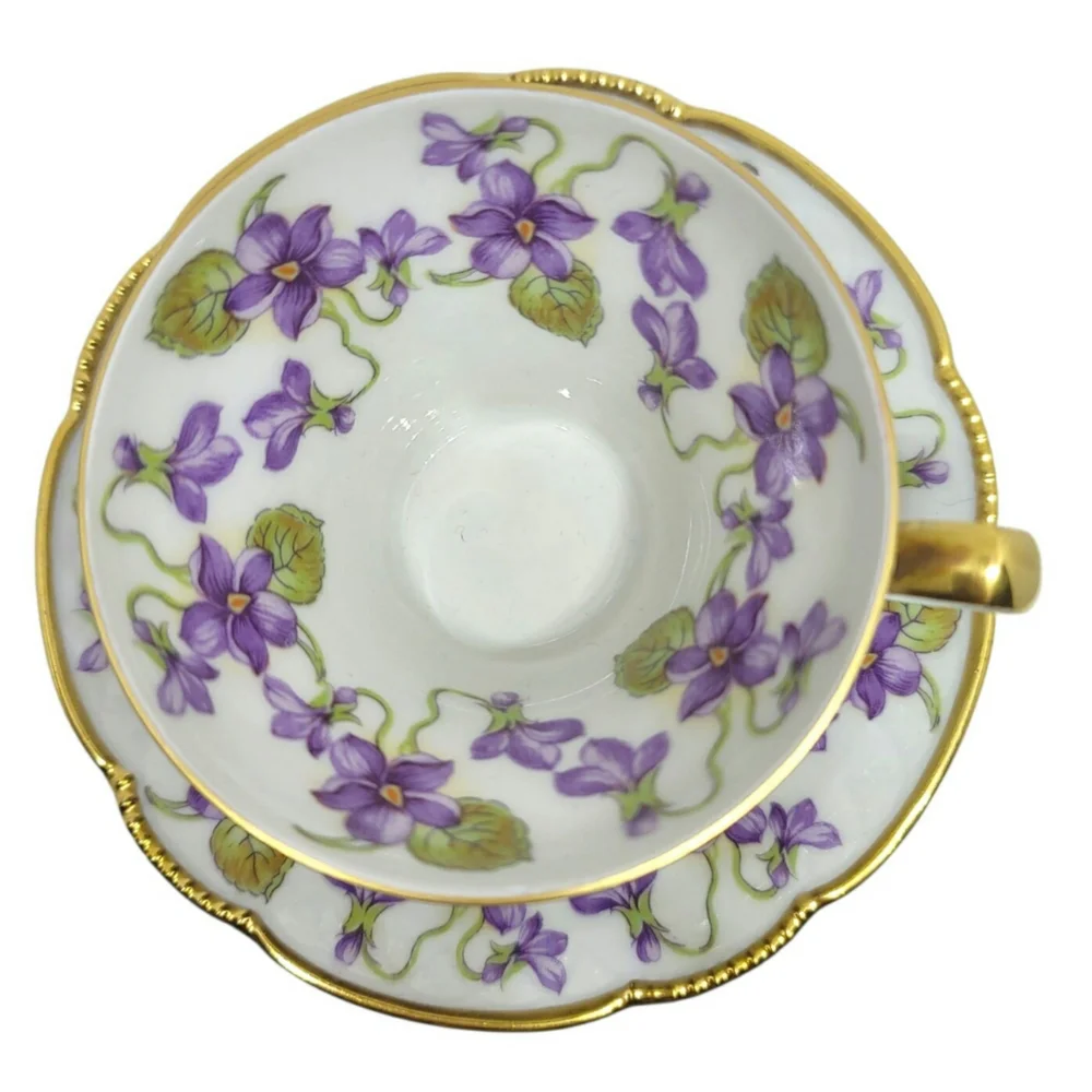 Vintage Mitterteich Bavaria Purple Violets Footed Teacup and Saucer